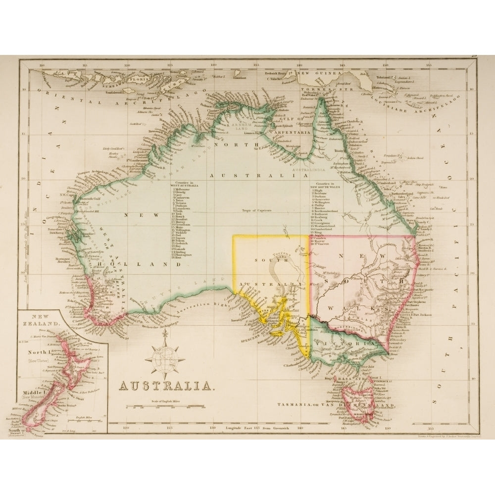 Map Of Australia And Zealand. Drawn And Engraved By J. Archer Pentonville London C.1830 Poster Print (8 x 10) Image 1