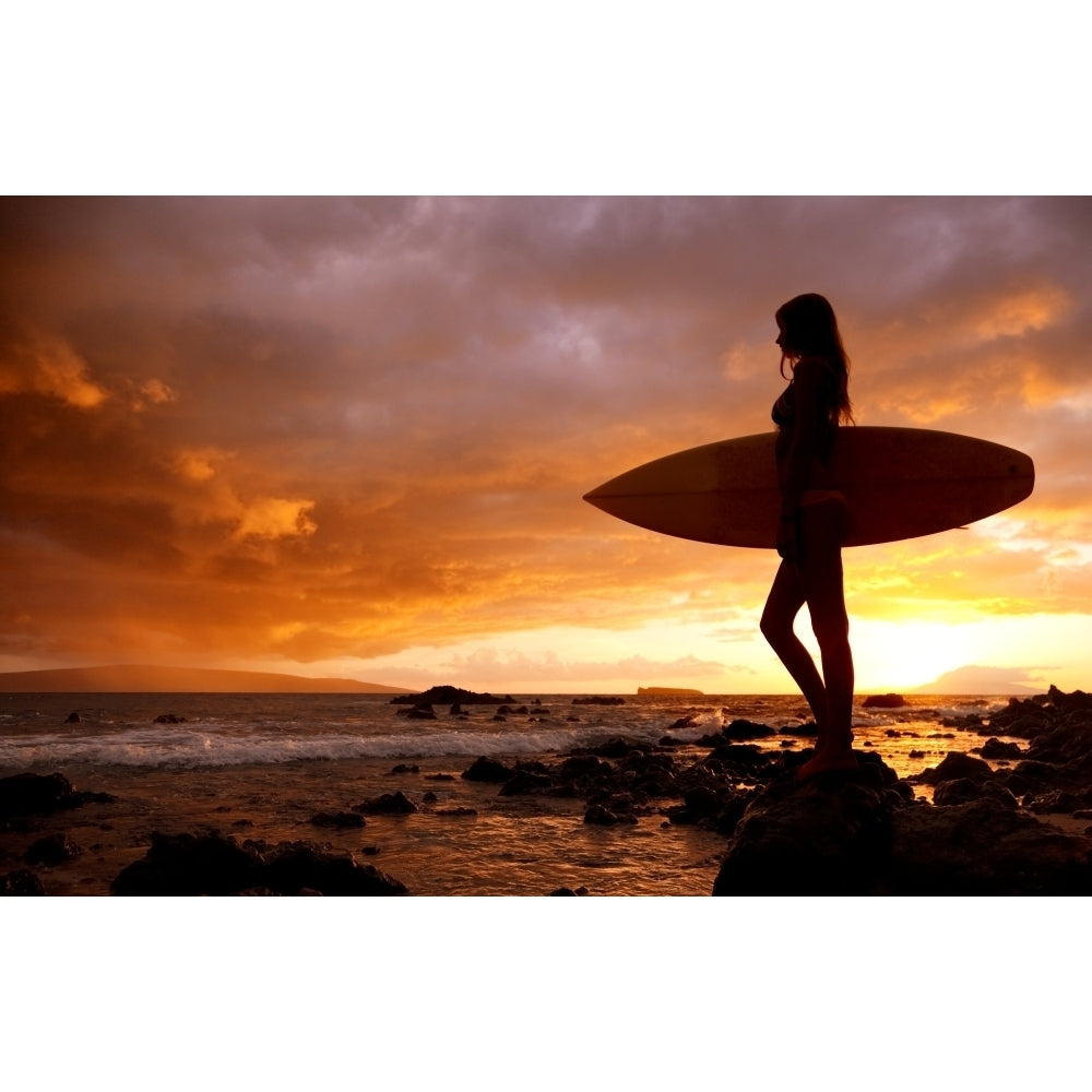 Hawaii Maui Makena Silhouette Of Surfer Girl At Sunset Poster Print (8 x 10) Image 1