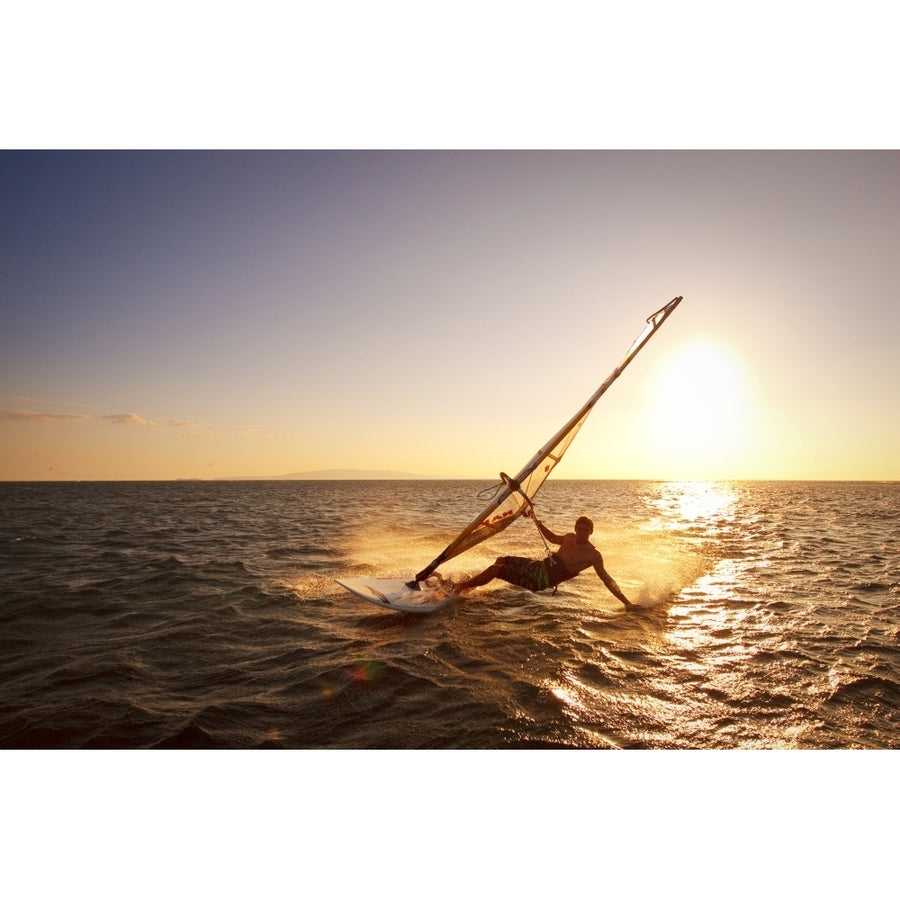 Hawaii Maui Kihei Windsurfer Sailing Off The Coast Of South Maui At Sunset. Poster Print (8 x 10) Image 1