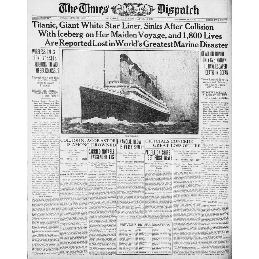 Newspaper The Times Despatch 16 April 1912 Titanic sinks after collision Poster Print (8 x 10) Image 1