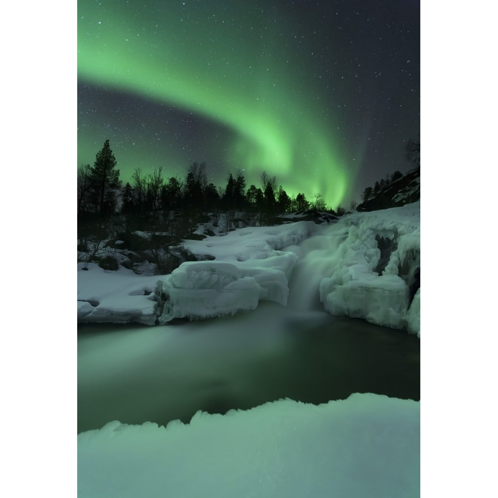 A wintery waterfall and aurora borealis over Tennevik River Norway Poster Print (8 x 10) Image 1