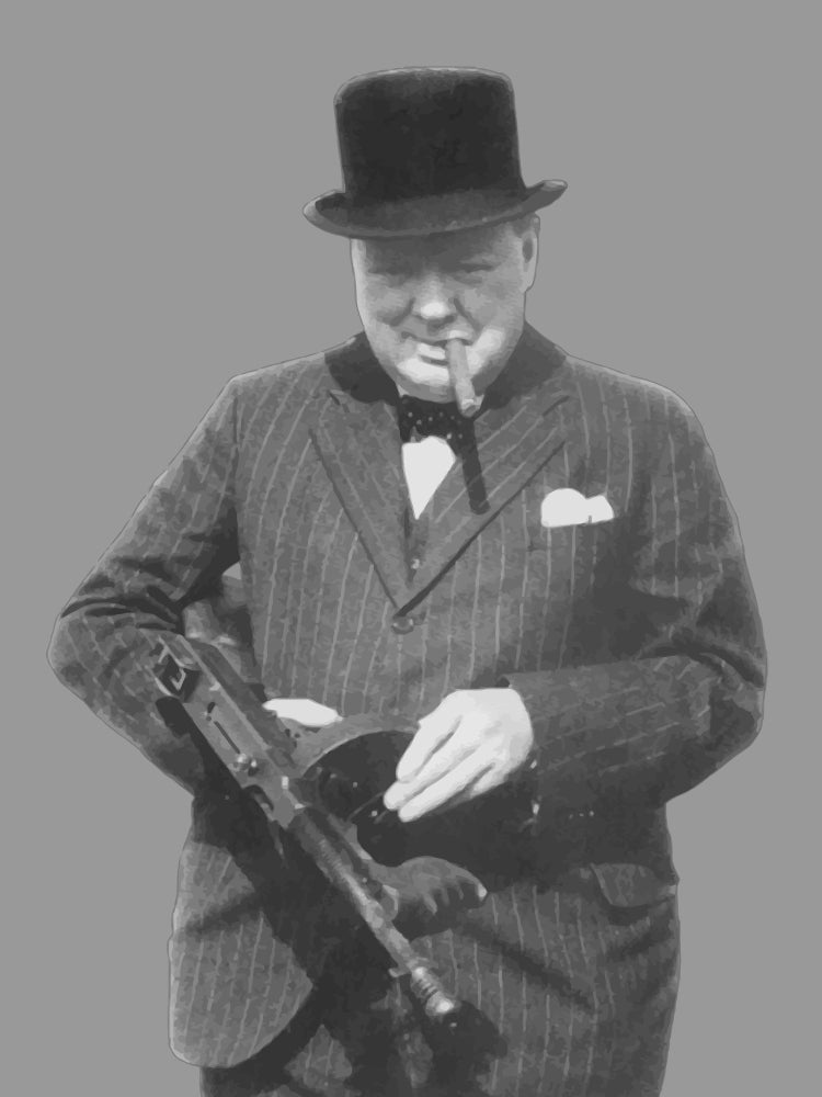 Digitally restored vector photo of Sir Winston Churchill with a Tommy Gun Poster Print (8 x 10) Image 1