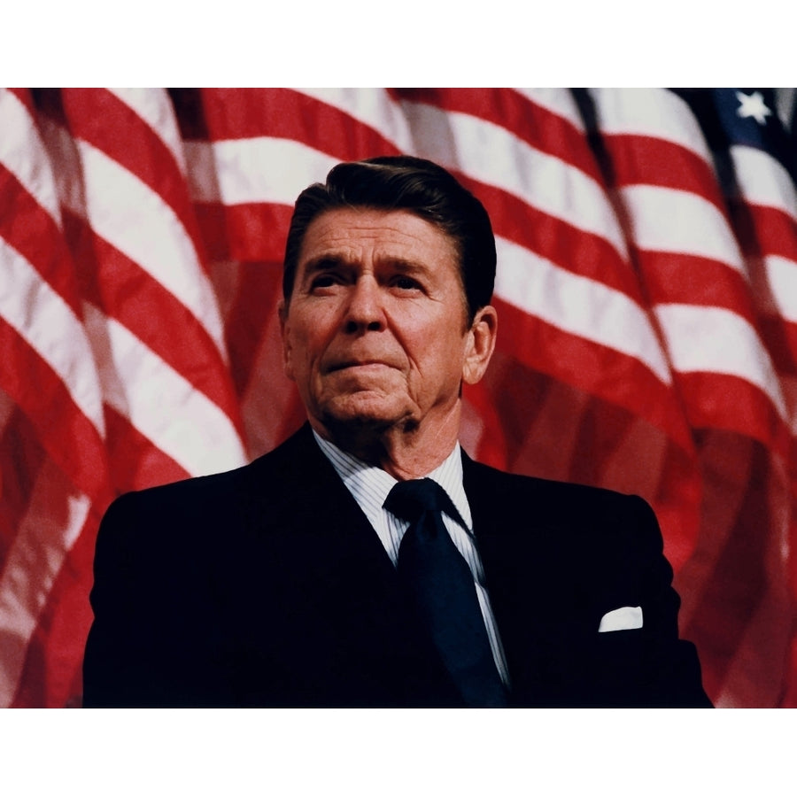 Digitally restored vector photo of President Ronald Reagan in front of American Flag Poster Print (8 x 10) Image 1