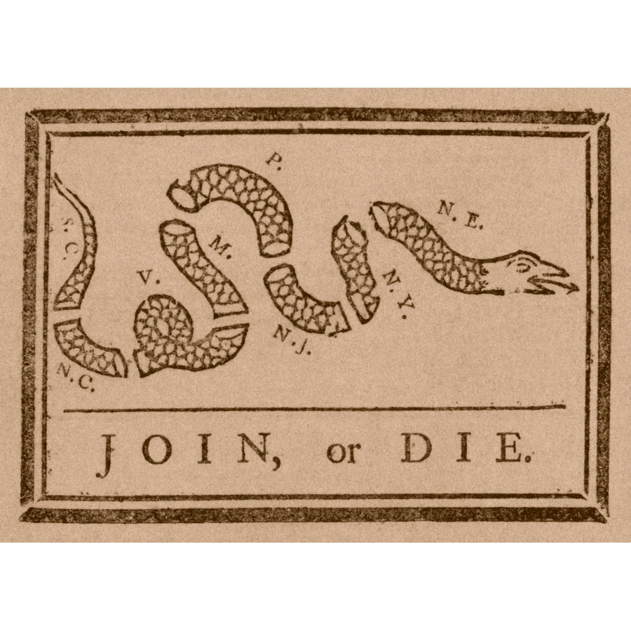 The Join or Die print was a political cartoon created by Benjamin Franklin Poster Print (8 x 10) Image 1