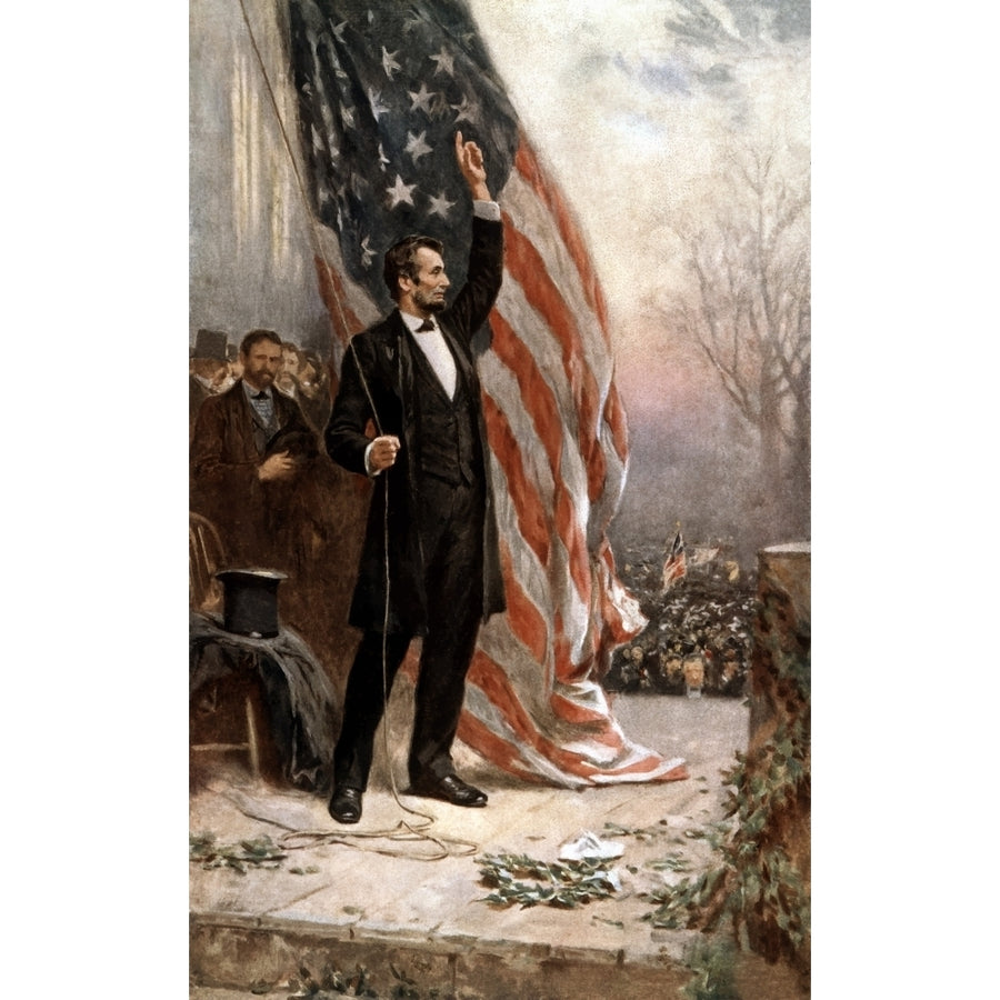 American Civil War painting of President Abraham Lincoln holding the American flag Poster Print (8 x 10) Image 1