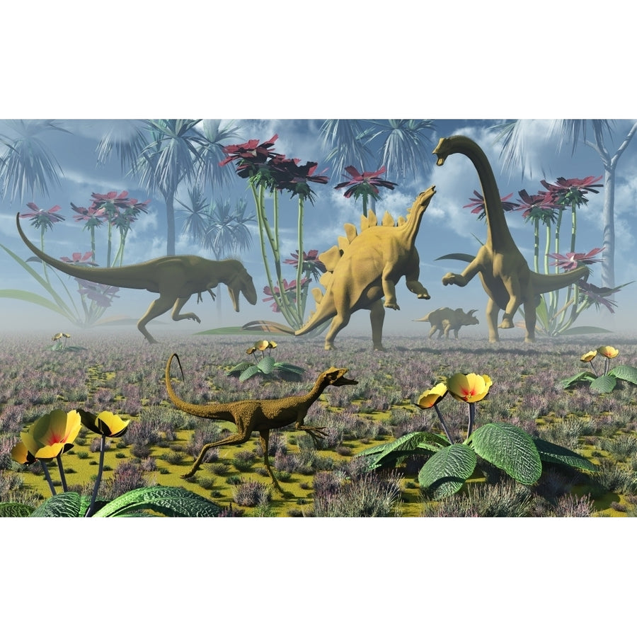 Dinosaurs running around an imaginative garden Poster Print (8 x 10) Image 1