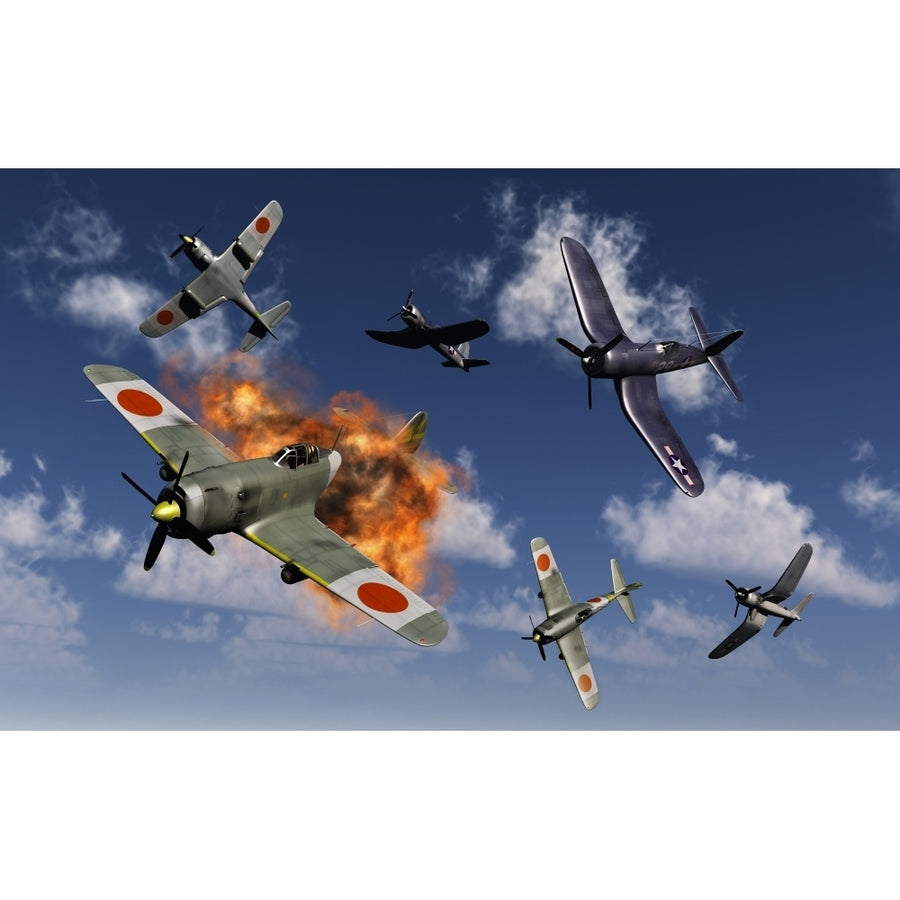 F4U Corsair aircraft and Japanese Nakajima fighter planes in aerial combat Poster Print (8 x 10) Image 1