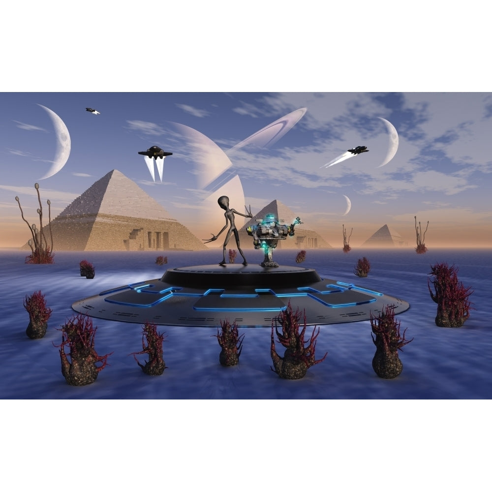 A Grey Alien visits the site of three pyramids on an alien world Poster Print (8 x 10) Image 1