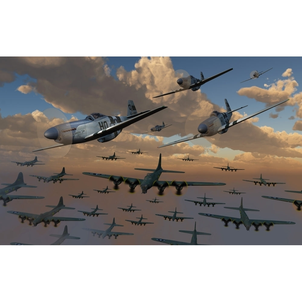 B-17 Flying Fortress bombers and P-51 Mustangs in flight Poster Print (8 x 10) Image 1