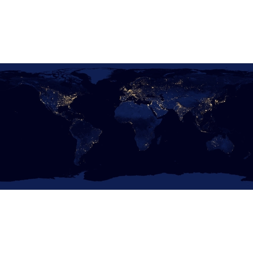 Flat map of Earth showing city lights of the world at night Poster Print (8 x 10) Image 1