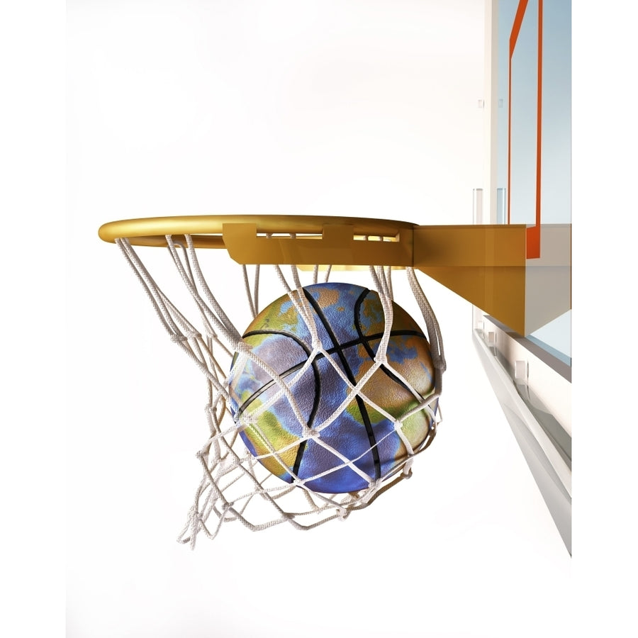 3D rendering of planet Earth falling into a basketball hoop Poster Print (8 x 10) Image 1