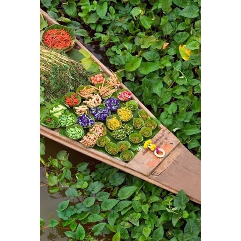 Detail of Boat in Water Lilies Floating Market Bangkok Thailand Print by Philip Kramer (24 x 36) Image 1