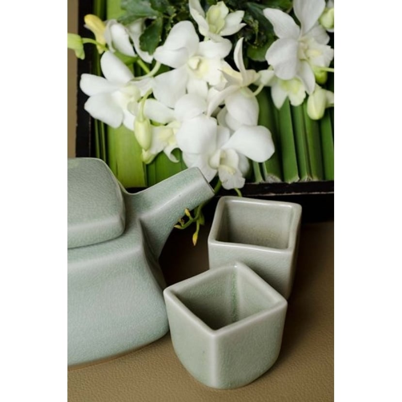 Traditional Thai tea pot and cups with orchid arrangement Bangkok Thailand Print by Cindy Miller Hopkins Image 1