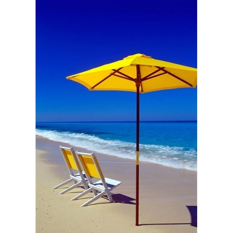 Yellow Chairs and Umbrella on Pristine Beach Caribbean Poster Print by Greg Johnston (25 x 35) Image 1