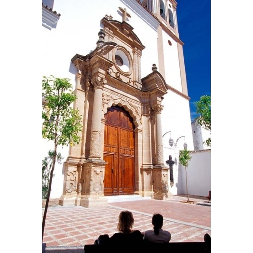 Silhouette of Women Talking in Front of Cathedral Marbella Spain Print by John and Lisa Merrill (12 x 17) Image 1