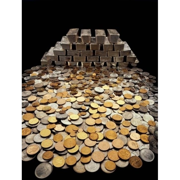 Stack of sliver ingots and pile of coins Poster Print by Panoramic Images (24 x 36) Image 1