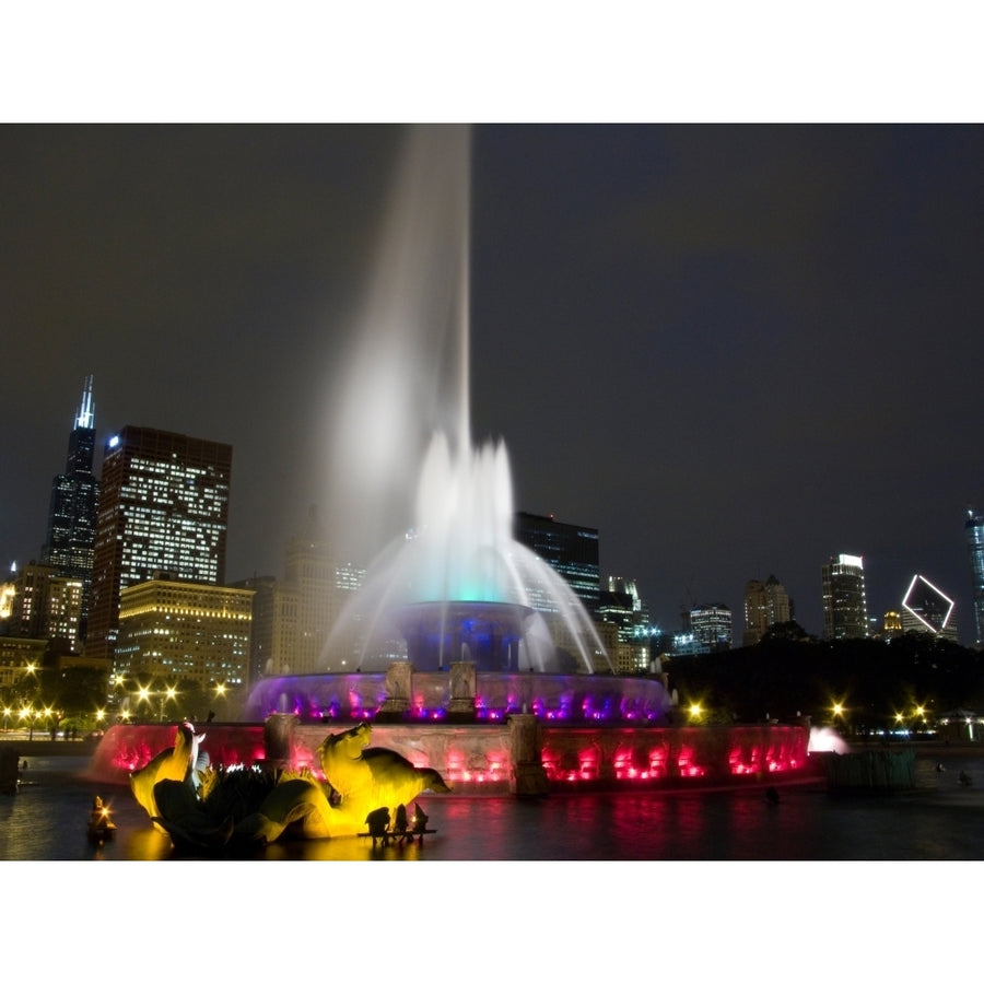 Illuminated fountain with skyscrapers in a city Buckingham Fountain Grant Park Chicago Illinois USA (12 x 16) Image 1