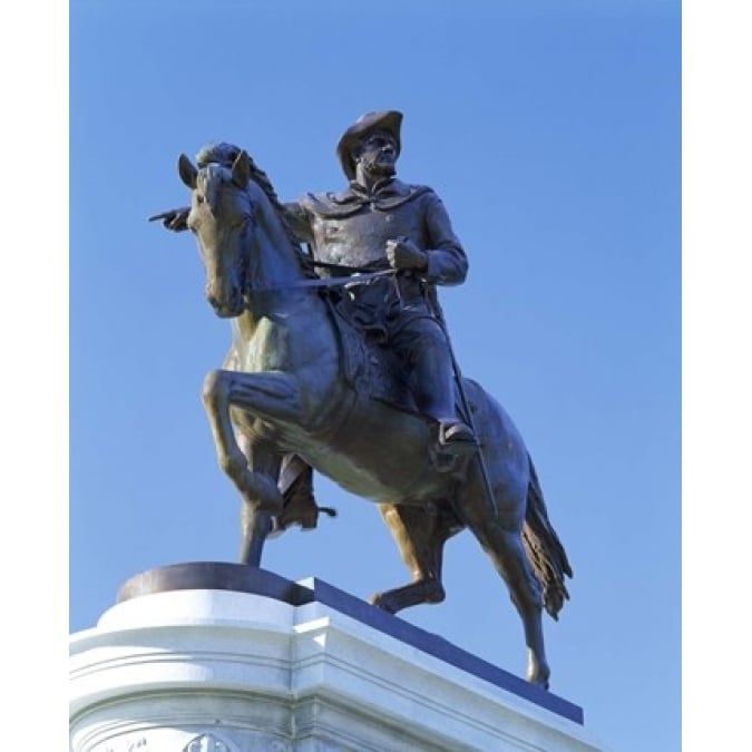 Statue of Sam Houston pointing towards San Jacinto battlefield against blue sky Hermann Park Houston Texas USA (14 x 11) Image 1