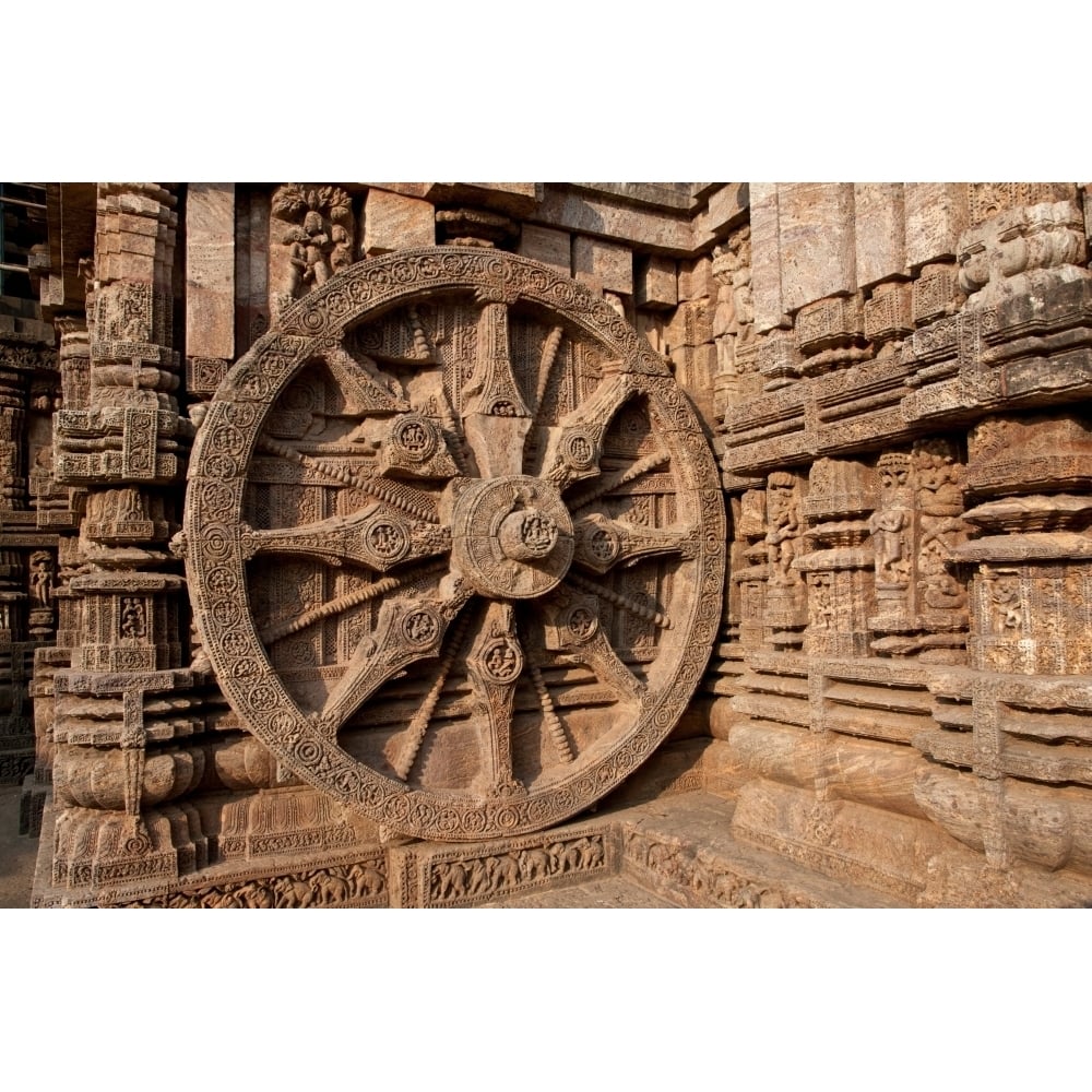 Architectural detail of stone carved chariot wheel in the temple Sun Temple Konark Orissa India Poster (27 x 9) Image 1