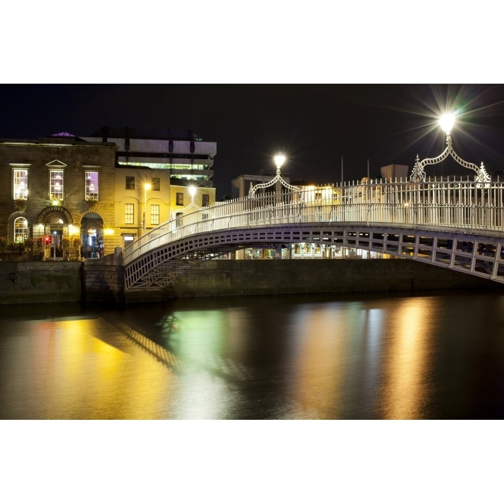 Bridge across a river at night Hapenny Bridge Liffey River Dublin Leinster Province Republic of Ireland (36 x 12) Image 1