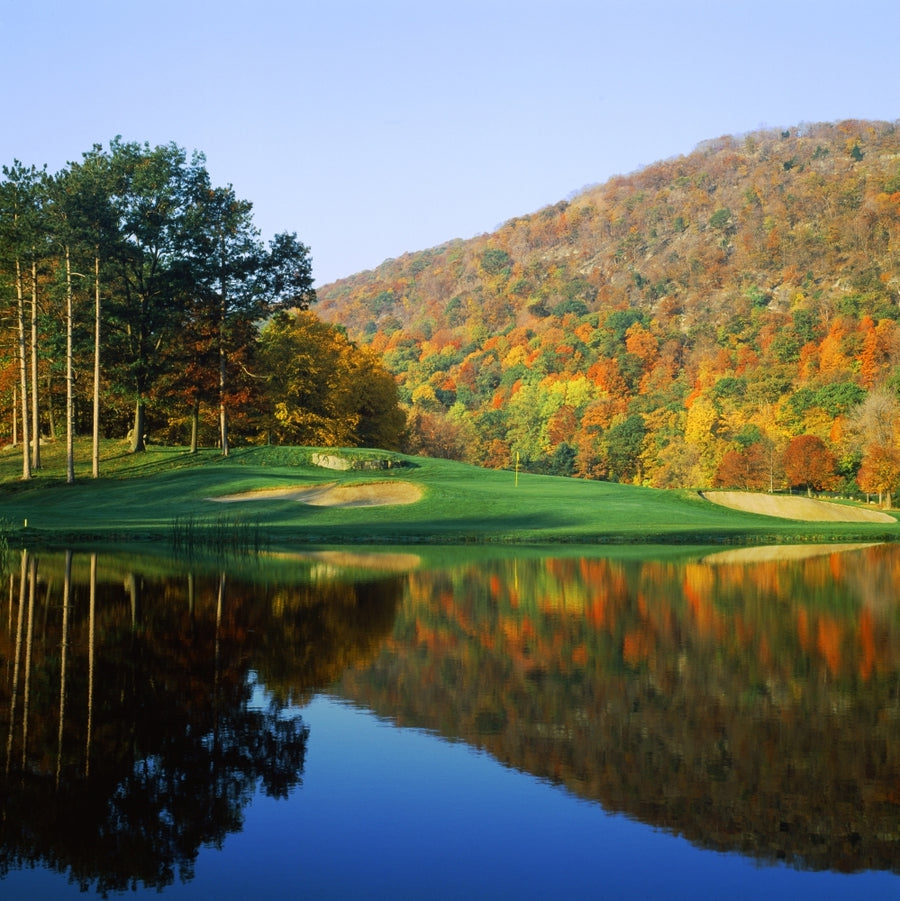 Reflection of a hill on water West Point Golf Course West Point York State USA Poster Print (12 x 12) Image 1