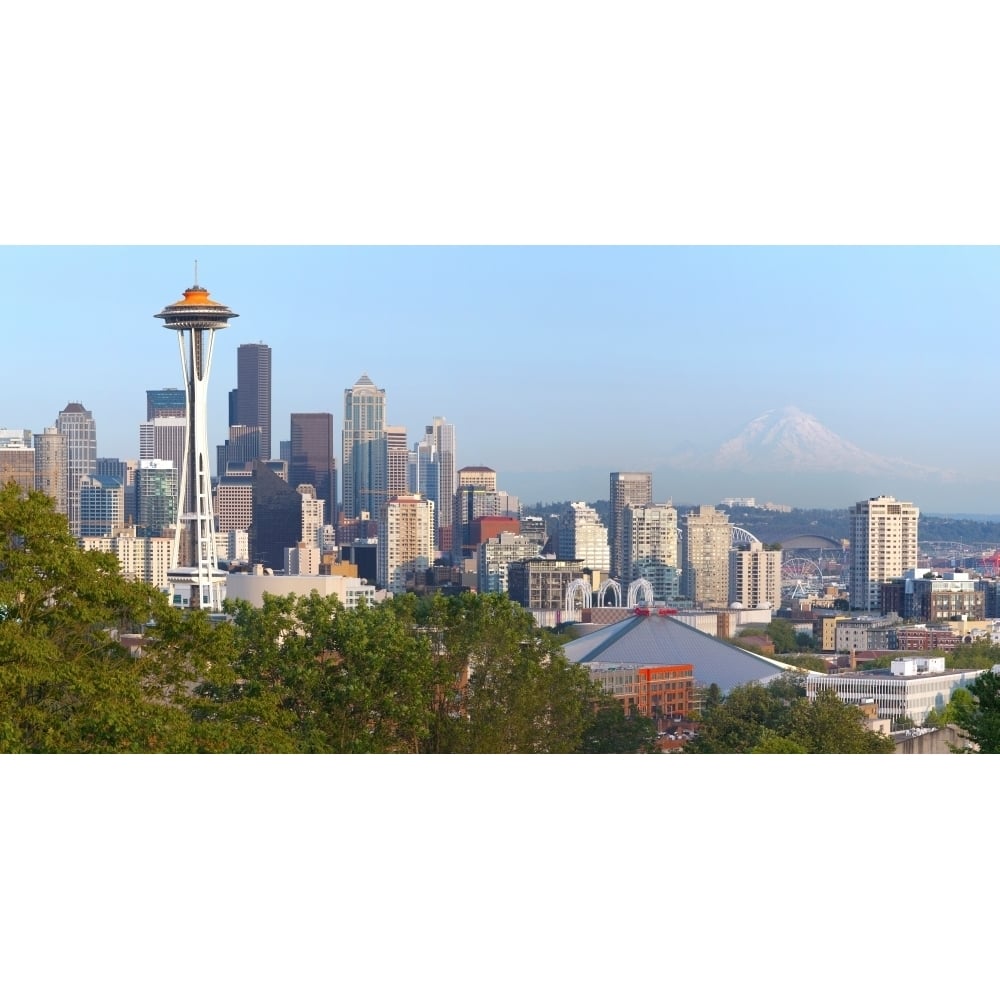 Seattle skyline at sunset and Mt Rainier in background King County Washington State USA Poster Print (27 x 9) Image 1