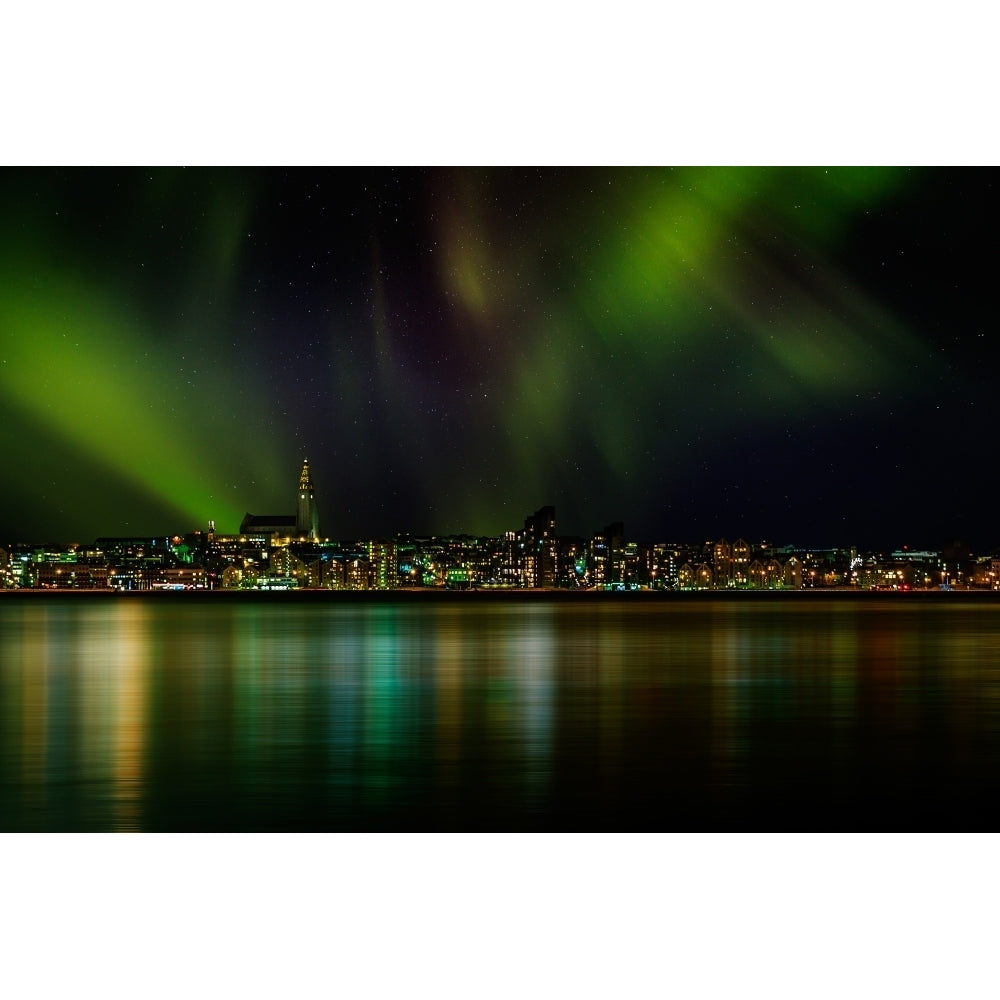 Aurora Borealis or Northern Lights over Reykjavik Skyline Reykjavik Iceland Poster Print (36 x 12) Image 1