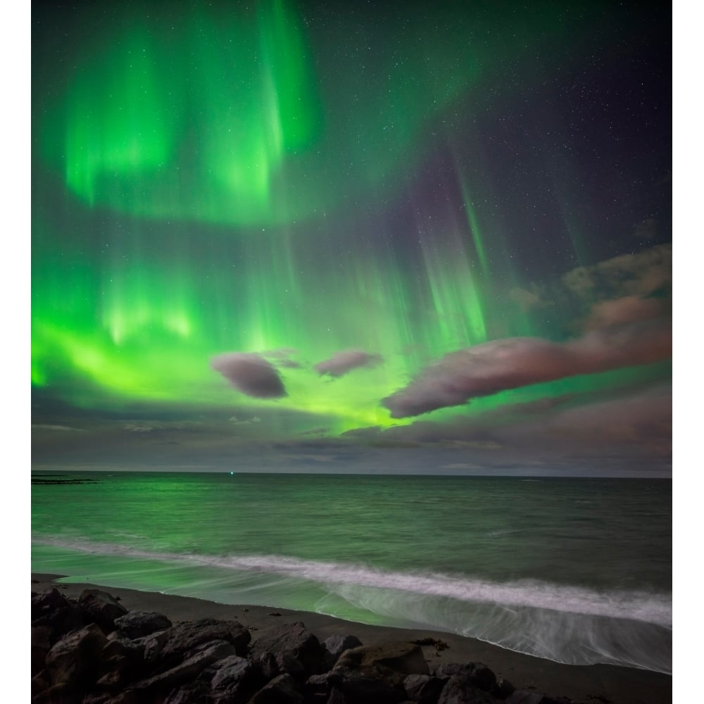 Northern lights over the waves breakiing on the beach in Seltjarnarnes Reykjavik Iceland Poster Print (12 x 12) Image 1