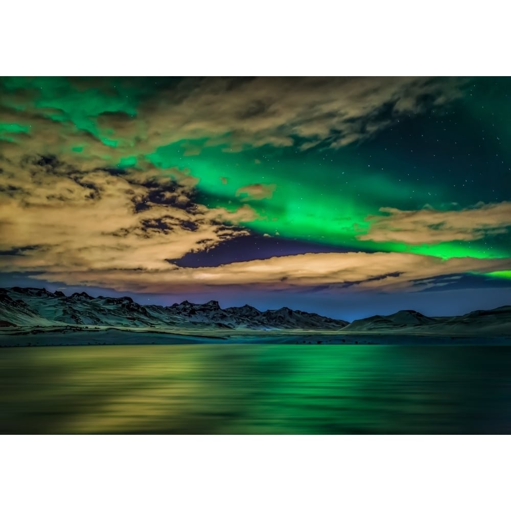 Cloudy evening with Aurora Borealis or Northern Lights Kleifarvatn Iceland Poster Print (18 x 24) Image 1