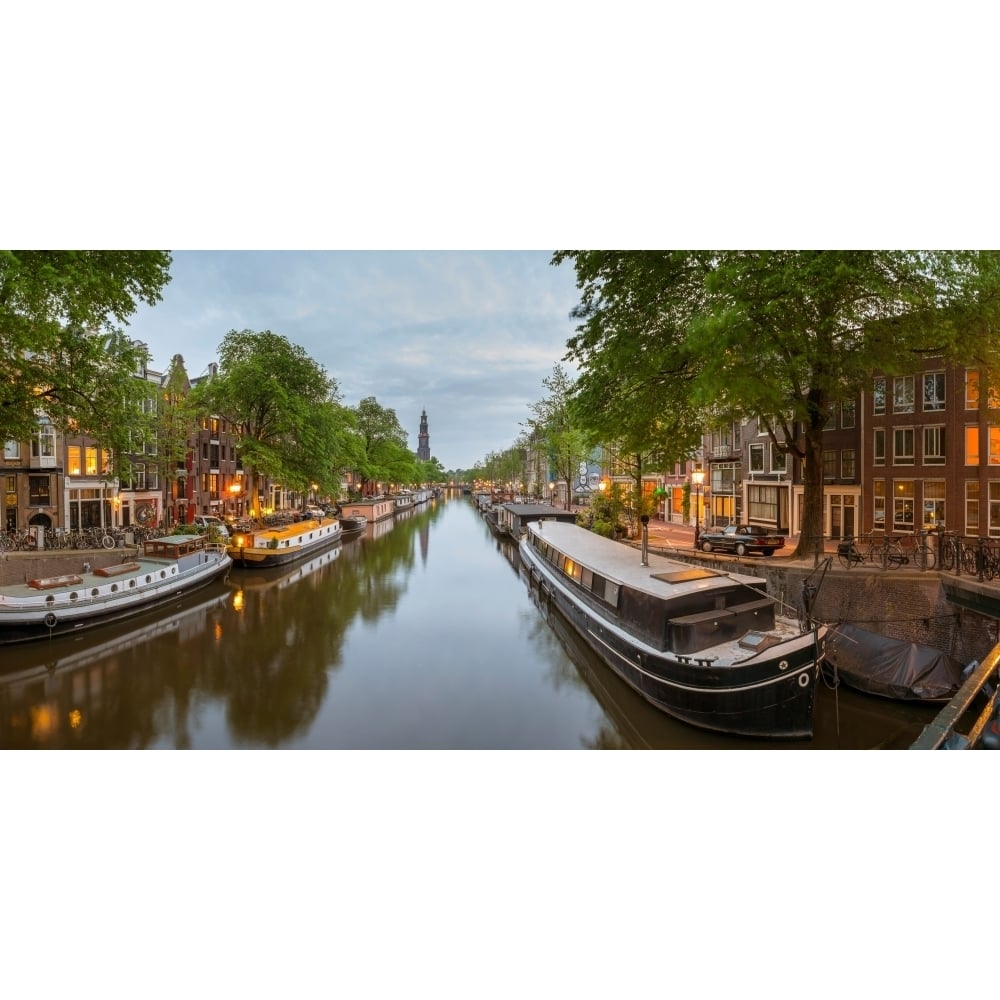 Prinsengracht canal at dusk with Westerkerk in distance Amsterdam North Holland Netherlands Poster Print (12 x 36) Image 1