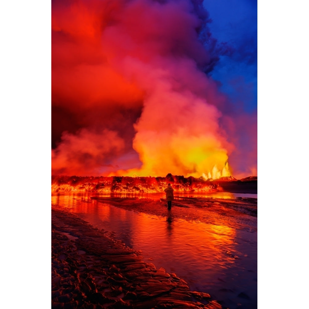 Woman watching the lava flow at the Holuhraun Fissure eruption near Bardarbunga Volcano Iceland Poster Print (27 x 9) Image 1