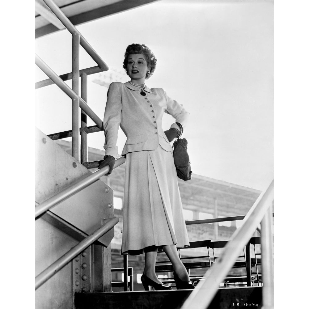 Lucille Ball standing on Stair wearing White Dress Photo Print Image 1