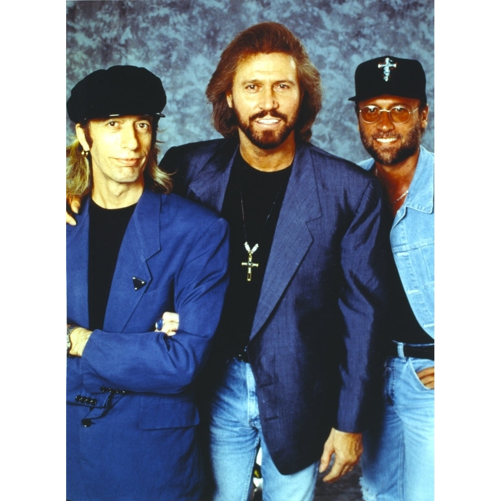 Bee Gees Band Members in Blue Suit and Denim Jacket with Black Flat Cap and Flat Top Cap Photo Print Image 1