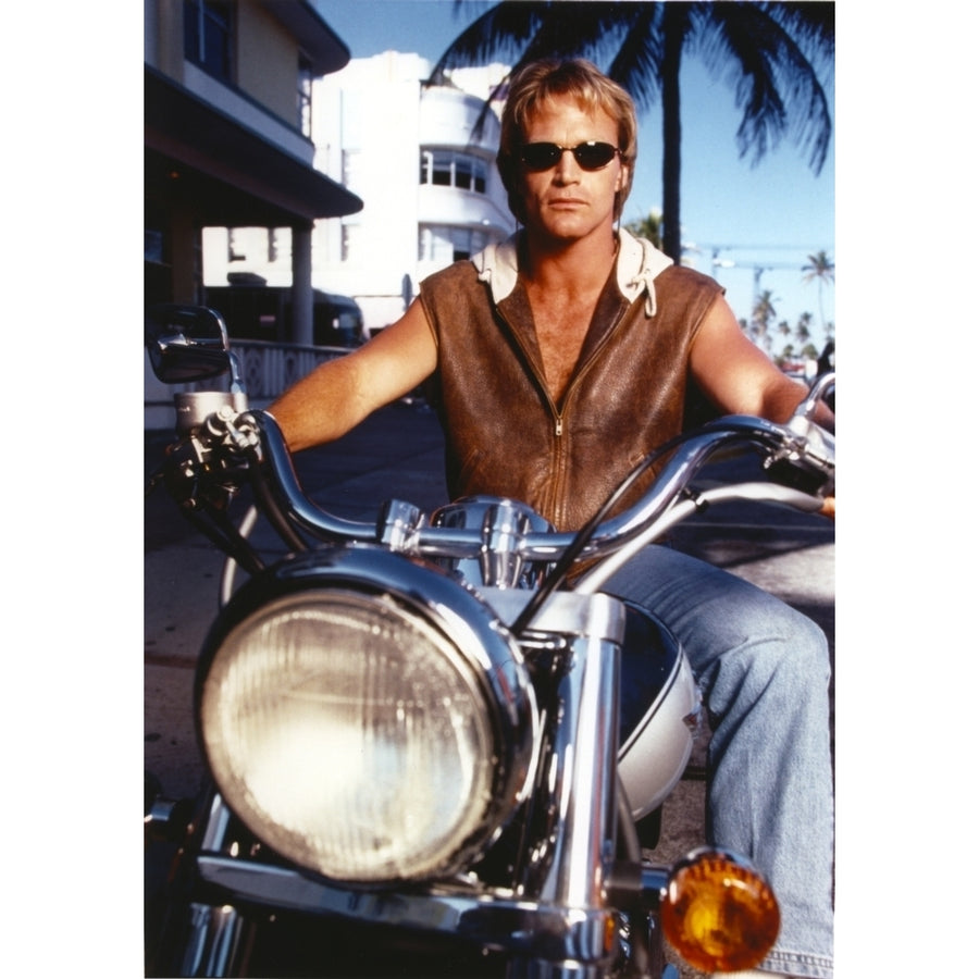 Brian Bosworth Posed on Motorcycle with Brown Leather Vest Photo Print Image 1