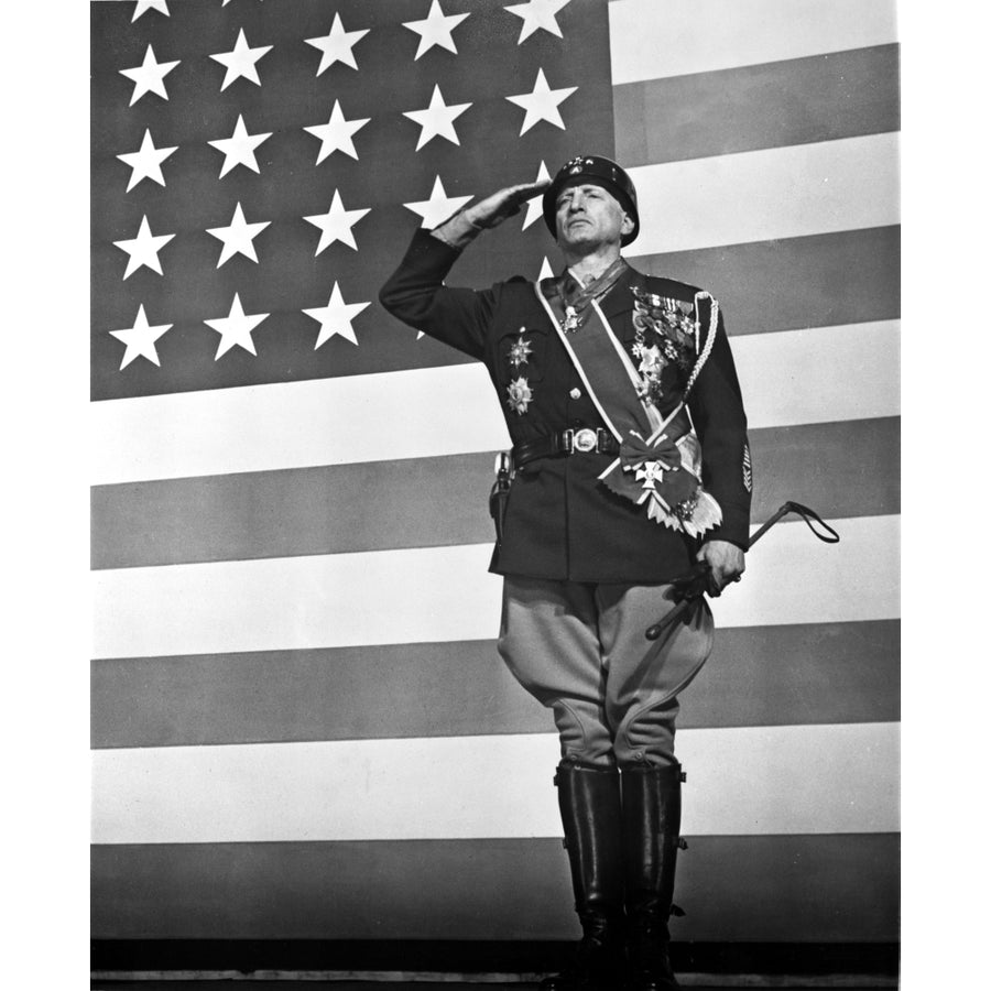 George C Scott saluting in front of an American flag Photo Print Image 1