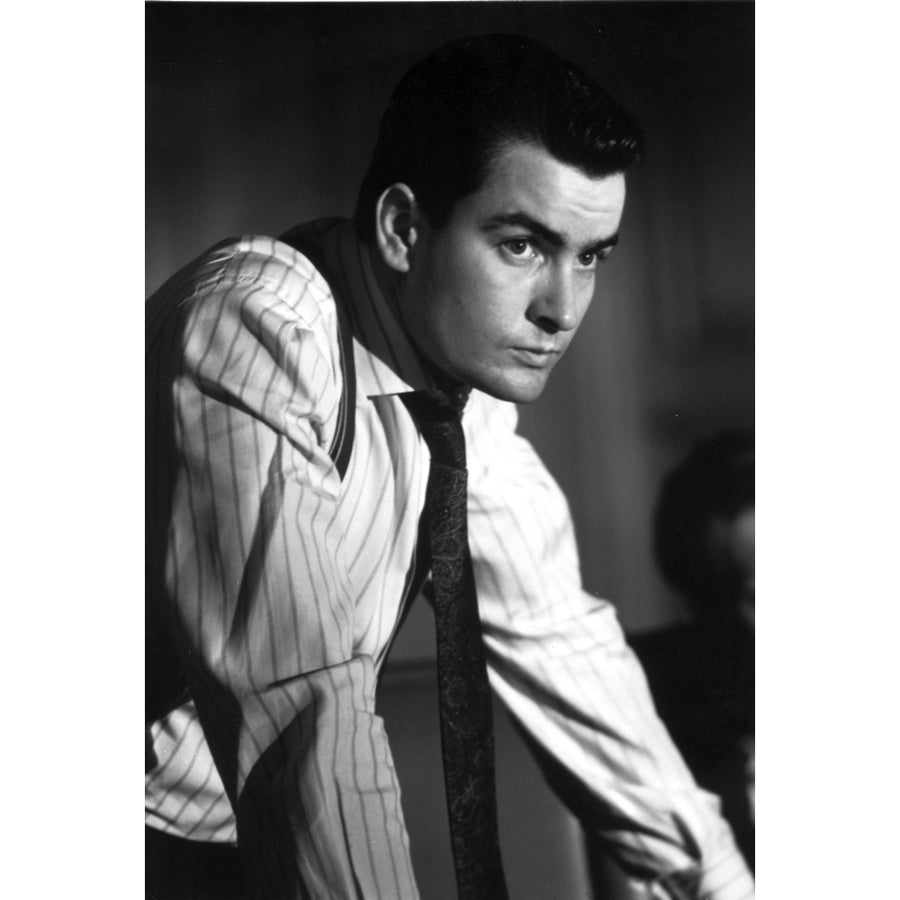 Film still of Charlie Sheen wearing a striped shirt and tie Photo Print Image 1