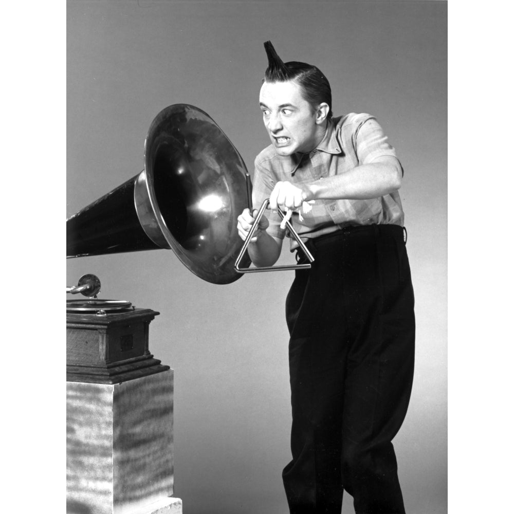 Martin Short playing triangle into a gramophone Photo Print Image 1