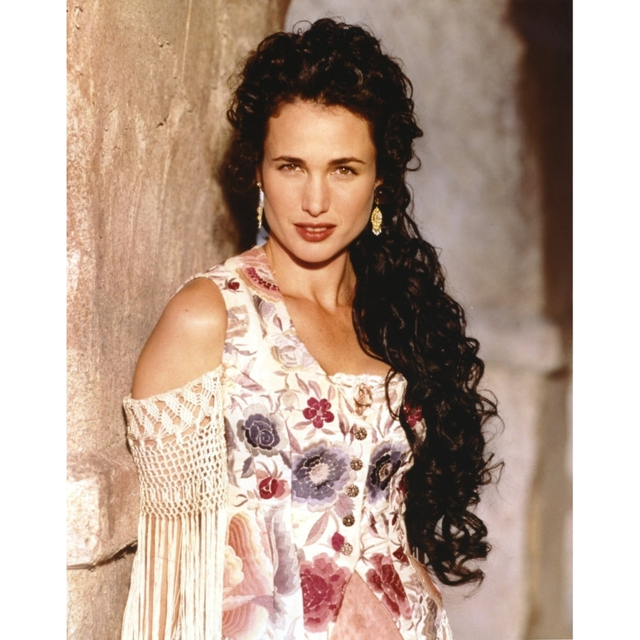 Andie MacDowell Leaning on the Wall wearing a Floral Dress with Earrings Photo Print Image 1