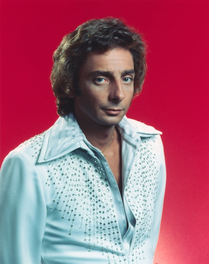 Close Up Portrait of Barry Manilow in White Sleeves with Red Background Photo Print Image 1