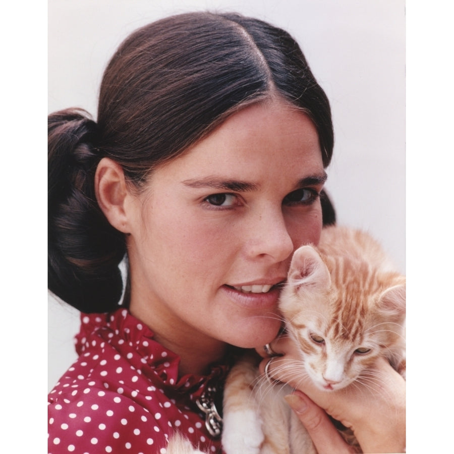 Ali MacGraw Posed in Red Dress with Kitten Photo Print Image 1