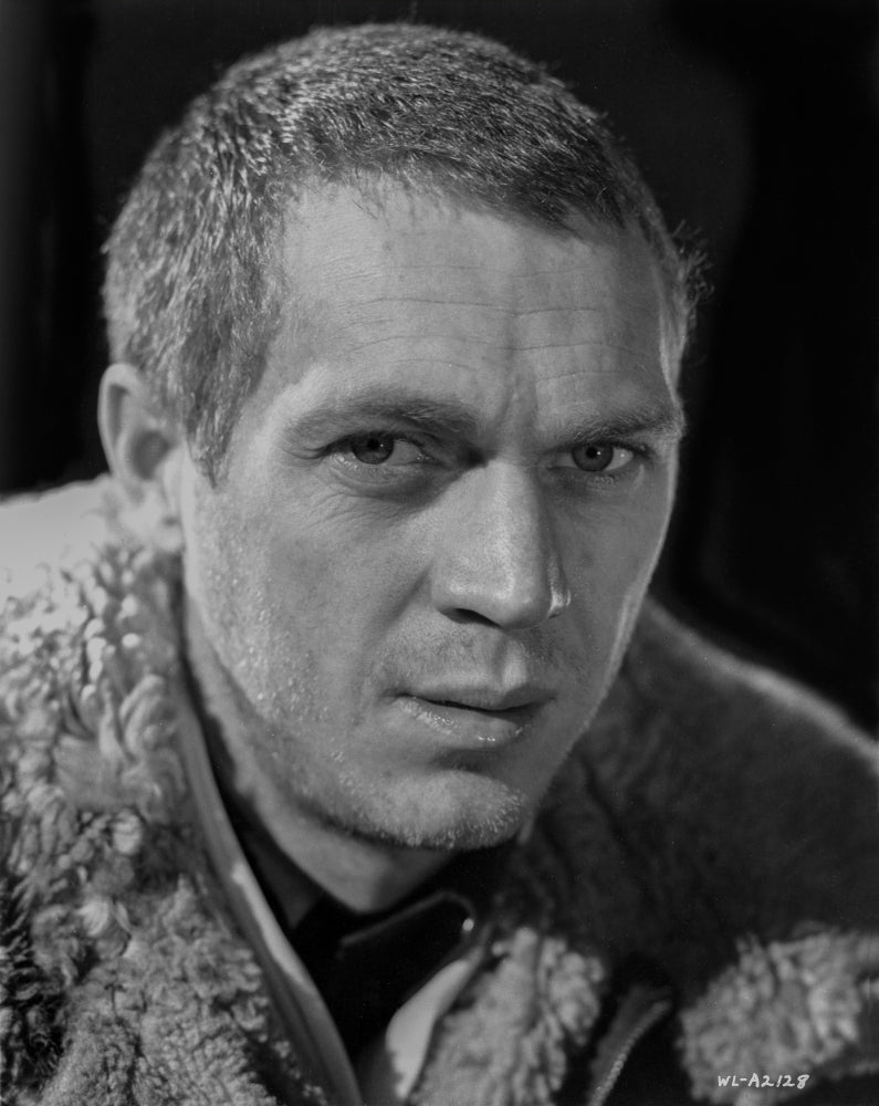 Steve McQueen wearing faux Coat in Black and White Close Up Portrait Photo Print Image 1