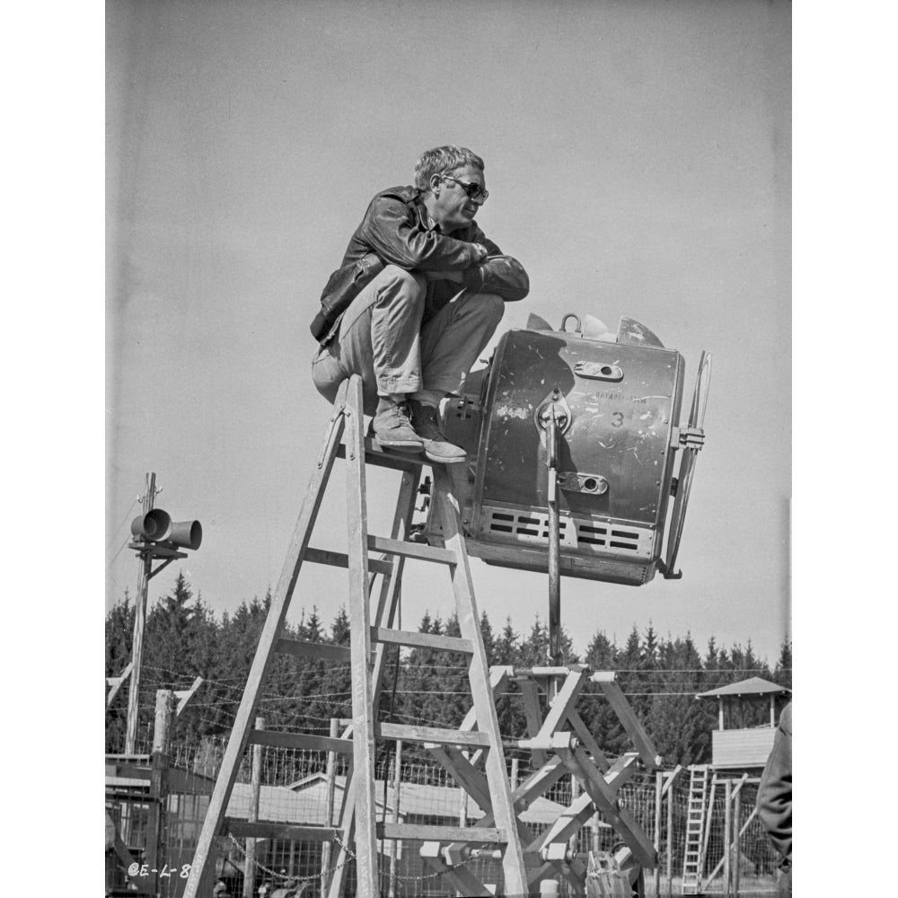 Steve McQueen Seated on Ladder Scene Excerpt from Film in Black and White Photo Print Image 1