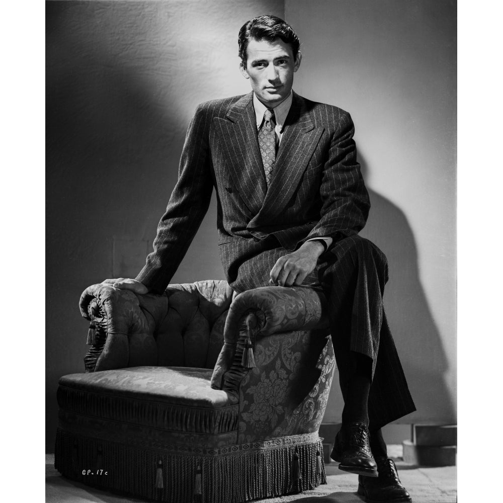 Gregory Peck Siting on Couch in Tuxedo Black and White Portrait Photo Print Image 1