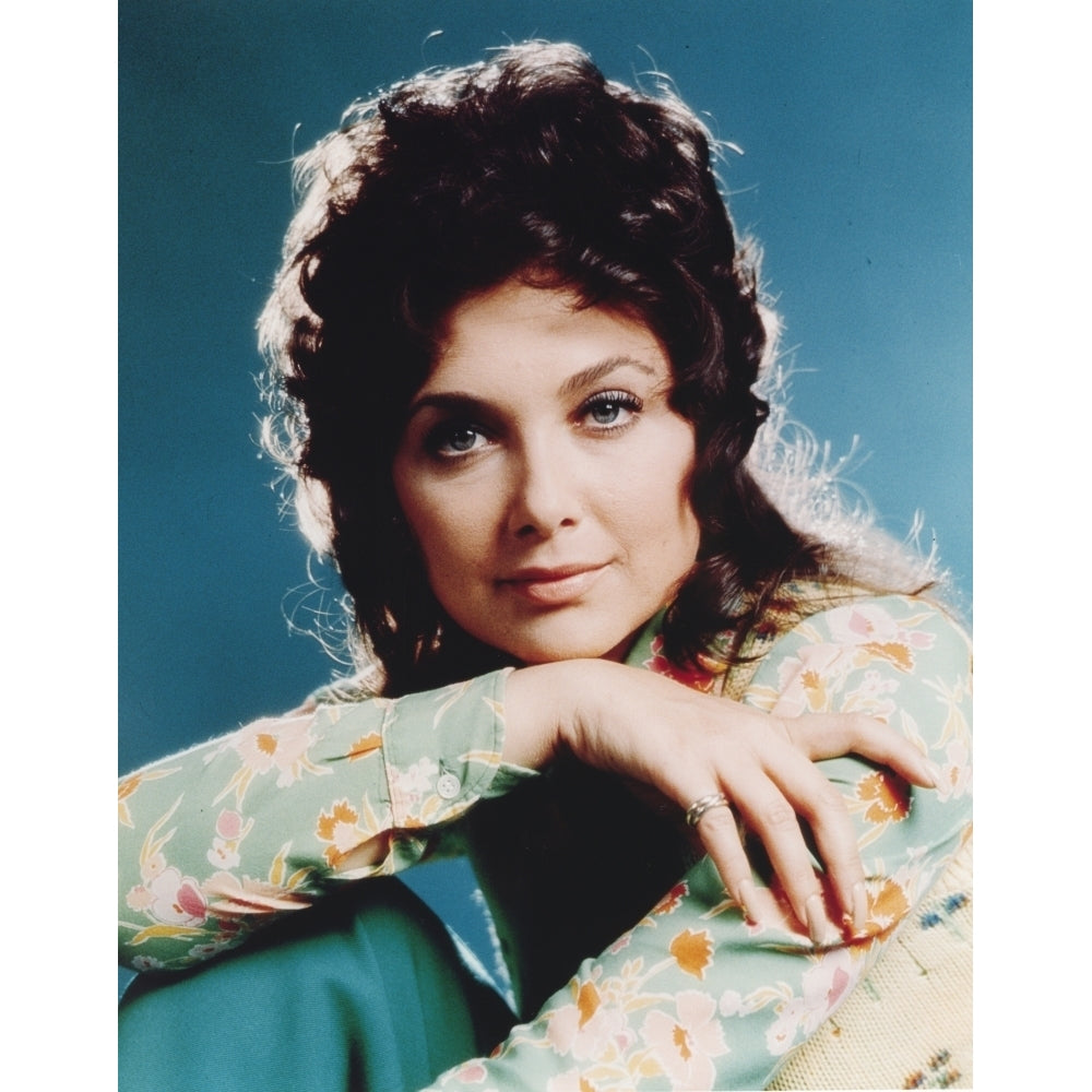 Suzanne Pleshette Printed a Printed Long Sleeve Dress on Blue Background Photo Print Image 1