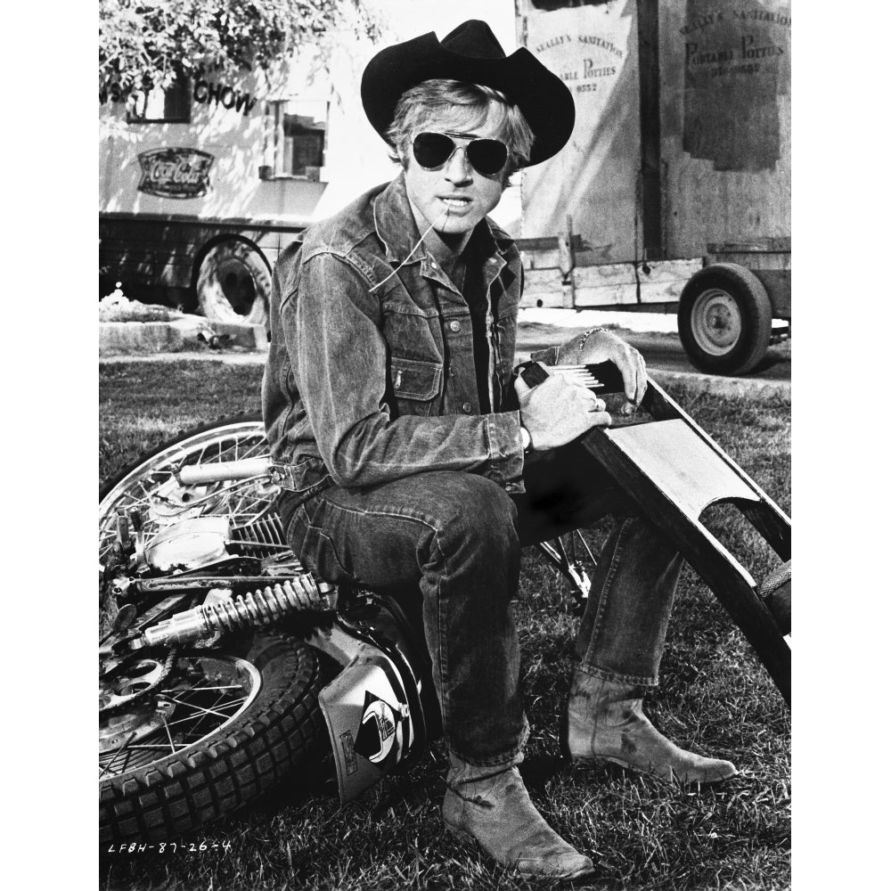 Robert Redford wearing a cowboy hat on a motorcycle Photo Print Image 1