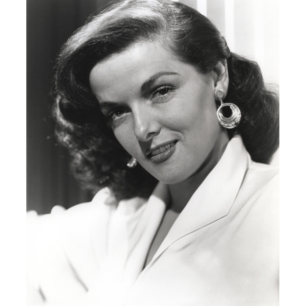 Jane Russell Portrait in White Linen Suit Dress and Gold Layered Hoop Earrings Photo Print Image 1