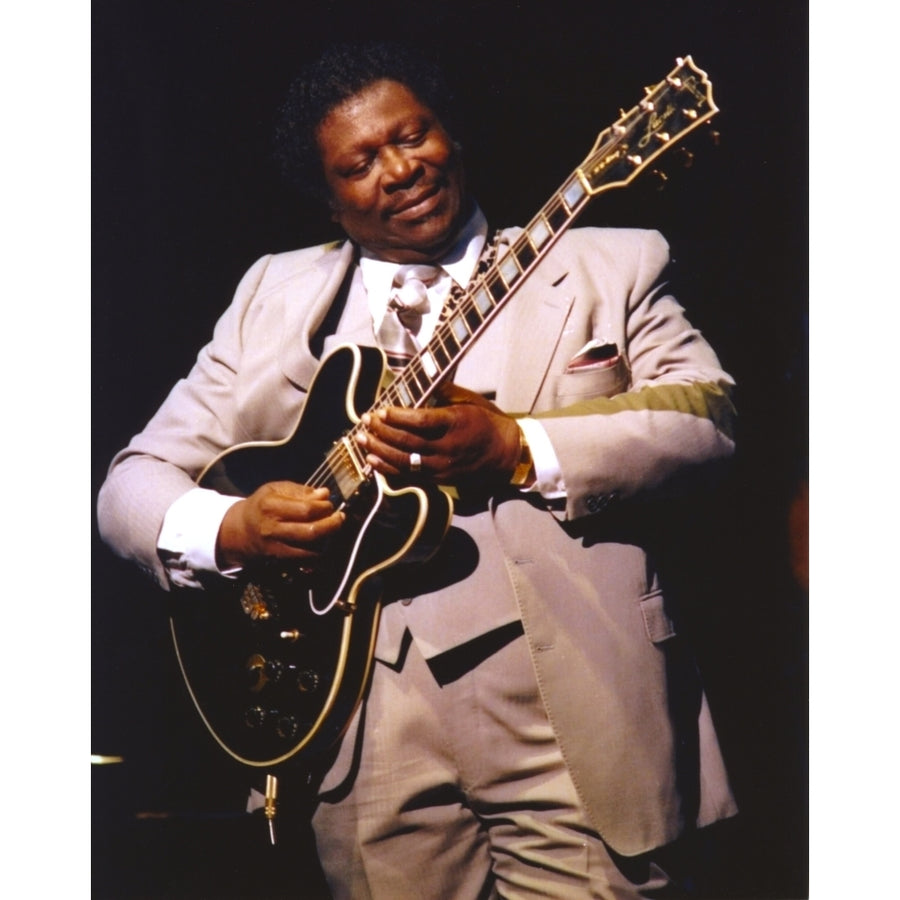 BB King Performing on Stage using Black Les Paul in Grey Suit with White Cuffs and Collar Shirt Photo Print Image 1