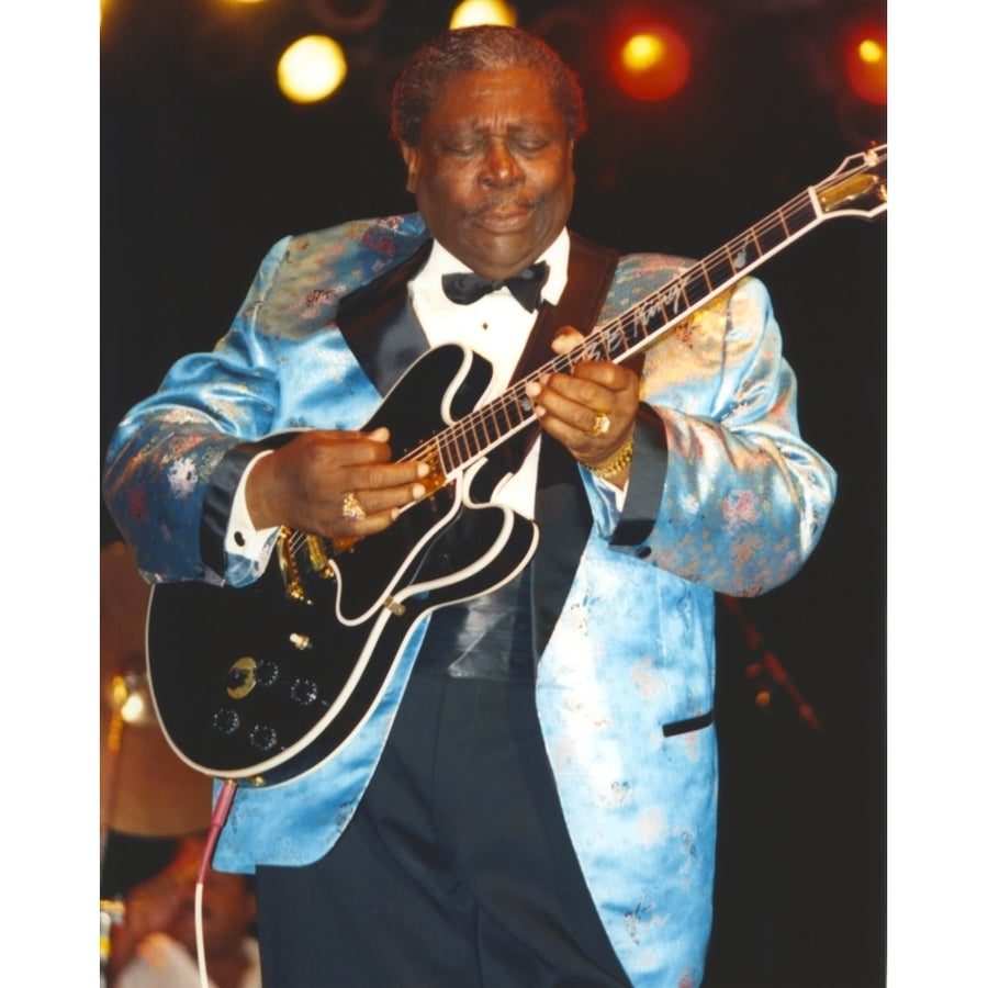 BB King Performing on Stage using Black Les Paul in Silk Blue Tuxedo with Black Cuffs Photo Print Image 1