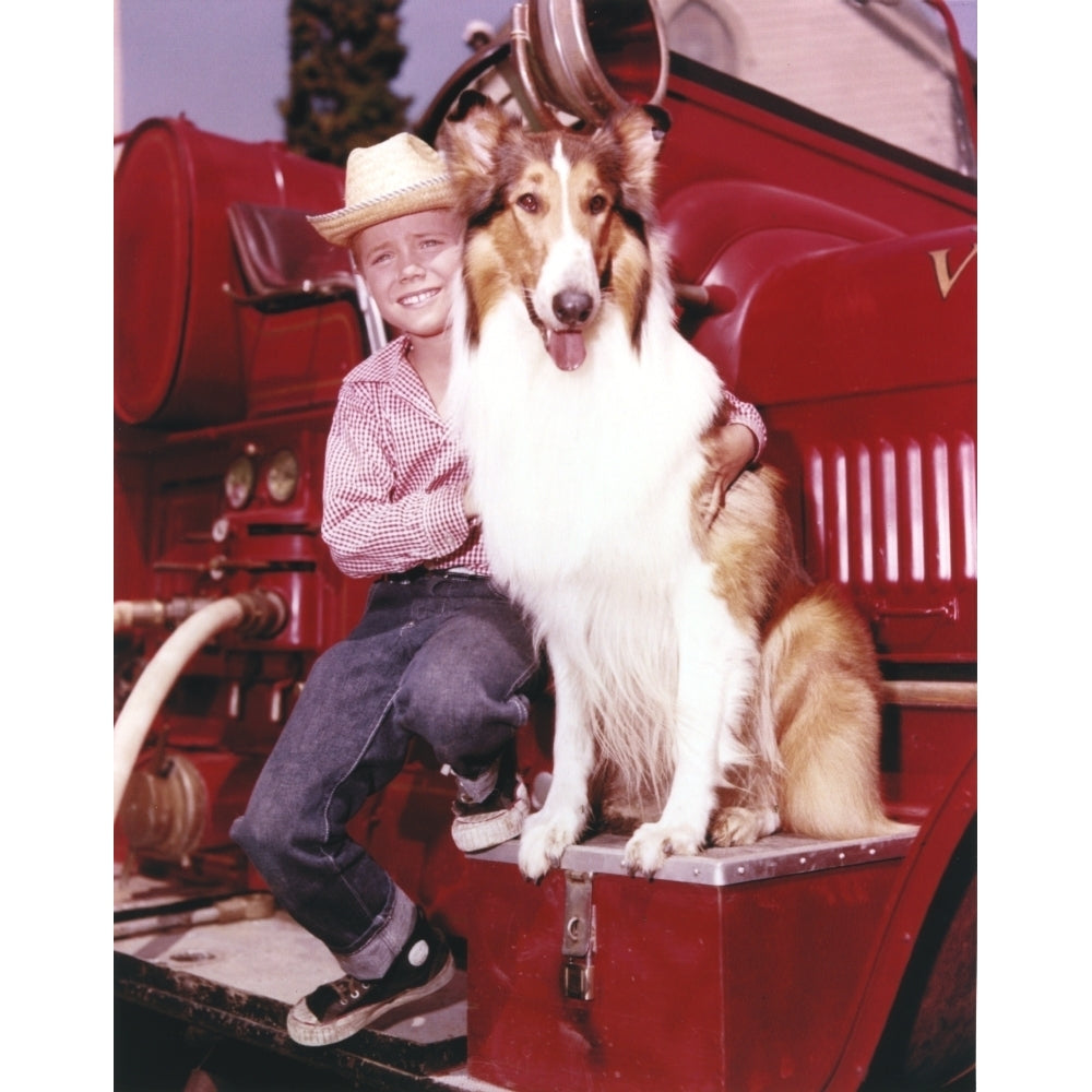 Lassie Portrait with A Boy posed on Red Car Photo Print Image 1