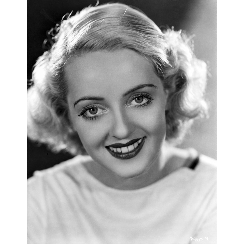 Bette Davis Portrait smiling in White Dress on Black Background Photo Print Image 1